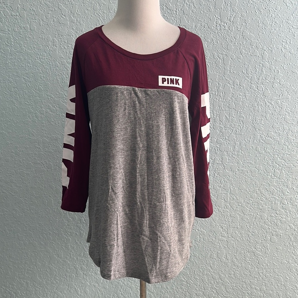 PINK Victoria's Secret Women's Burgundy and Gray quarter sleeve Top M